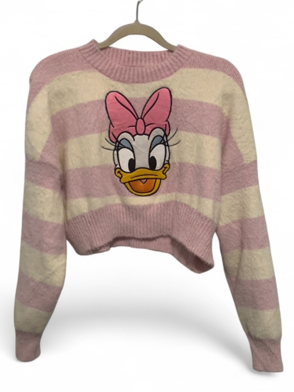 Forever 21 x Disney Daisy Duck Pink & Cream Striped Cropped Fuzzy Sweater